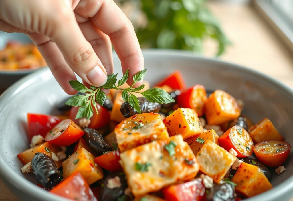 Eine Hand, die frische Kräuter zu einem Gericht hinzufügt, symbolisiert gesundes Kochen.