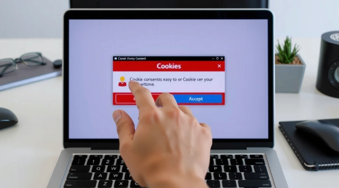 Hand, die auf Laptop-Bildschirm klickt, der Cookie-Einstellungen anzeigt