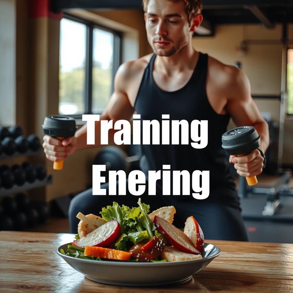Ein motivierter Athlet beim Training, mit einer gesunden Mahlzeit im Vordergrund, die Energie und Leistung symbolisiert.