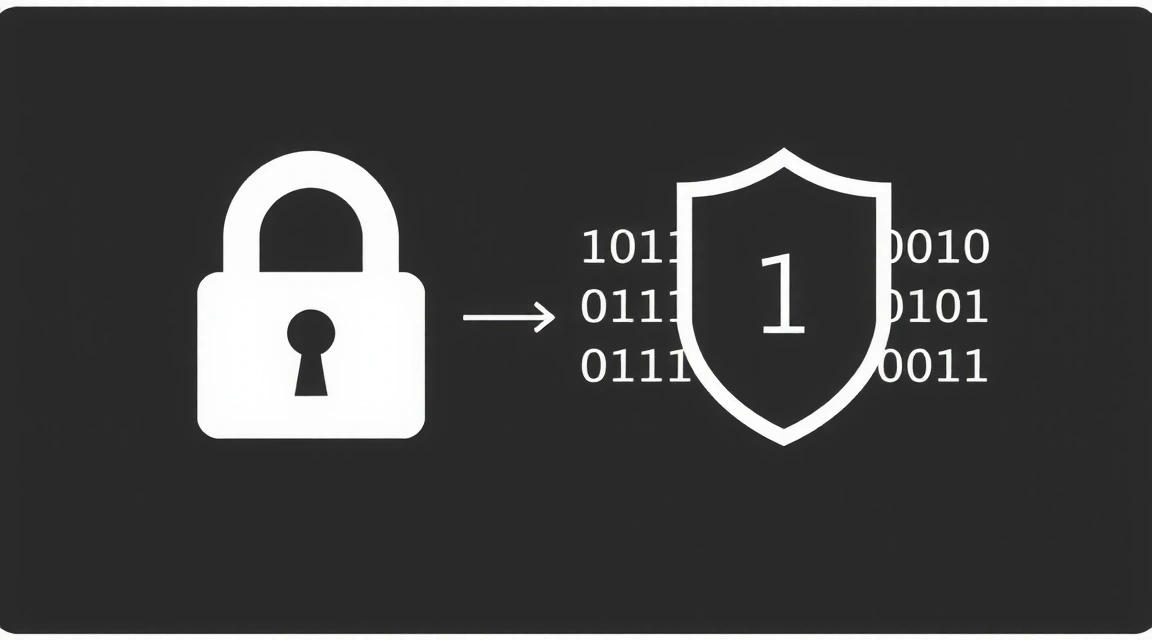 Datensicherheitssymbole: Vorhängeschloss, Schild und binäre Codes, die Schutz und Vertraulichkeit digitaler Daten symbolisieren.