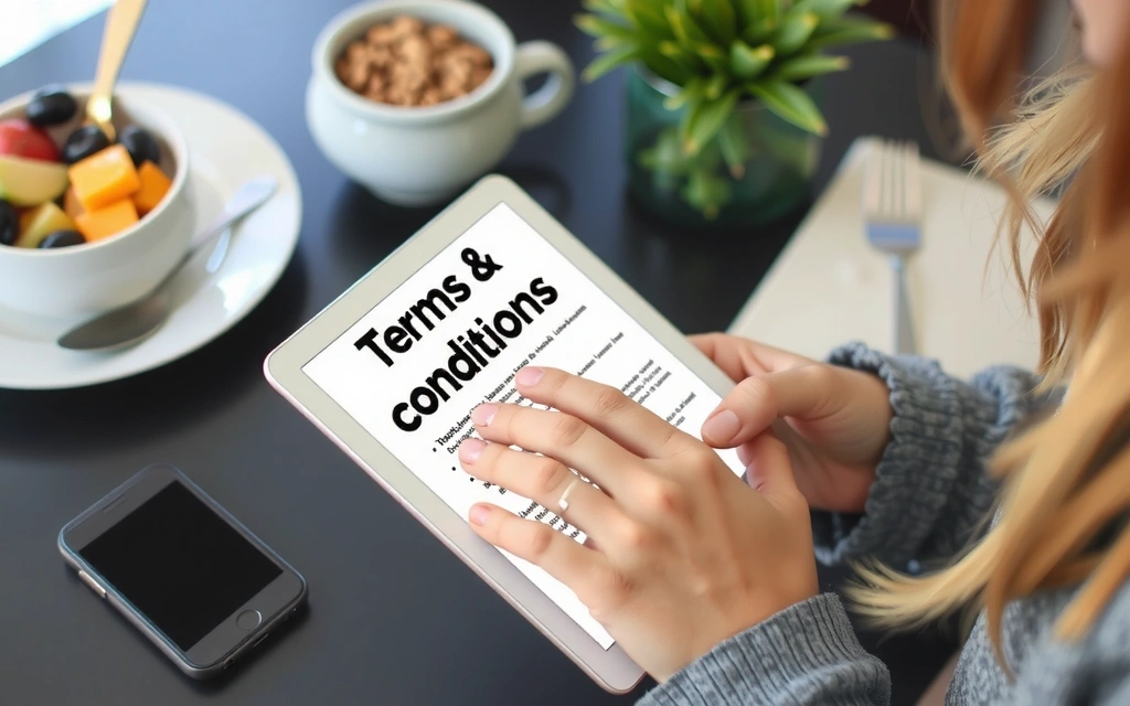Person liest auf einem Tablet die Nutzungsbedingungen, mit einem gesunden Frühstück im Hintergrund