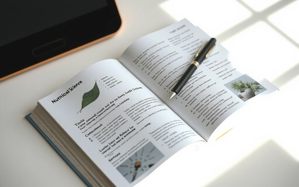 Ein offenes Lehrbuch über Ernährungswissenschaften mit Notizen und einem Stift, symbolisiert Bildung und Forschung.